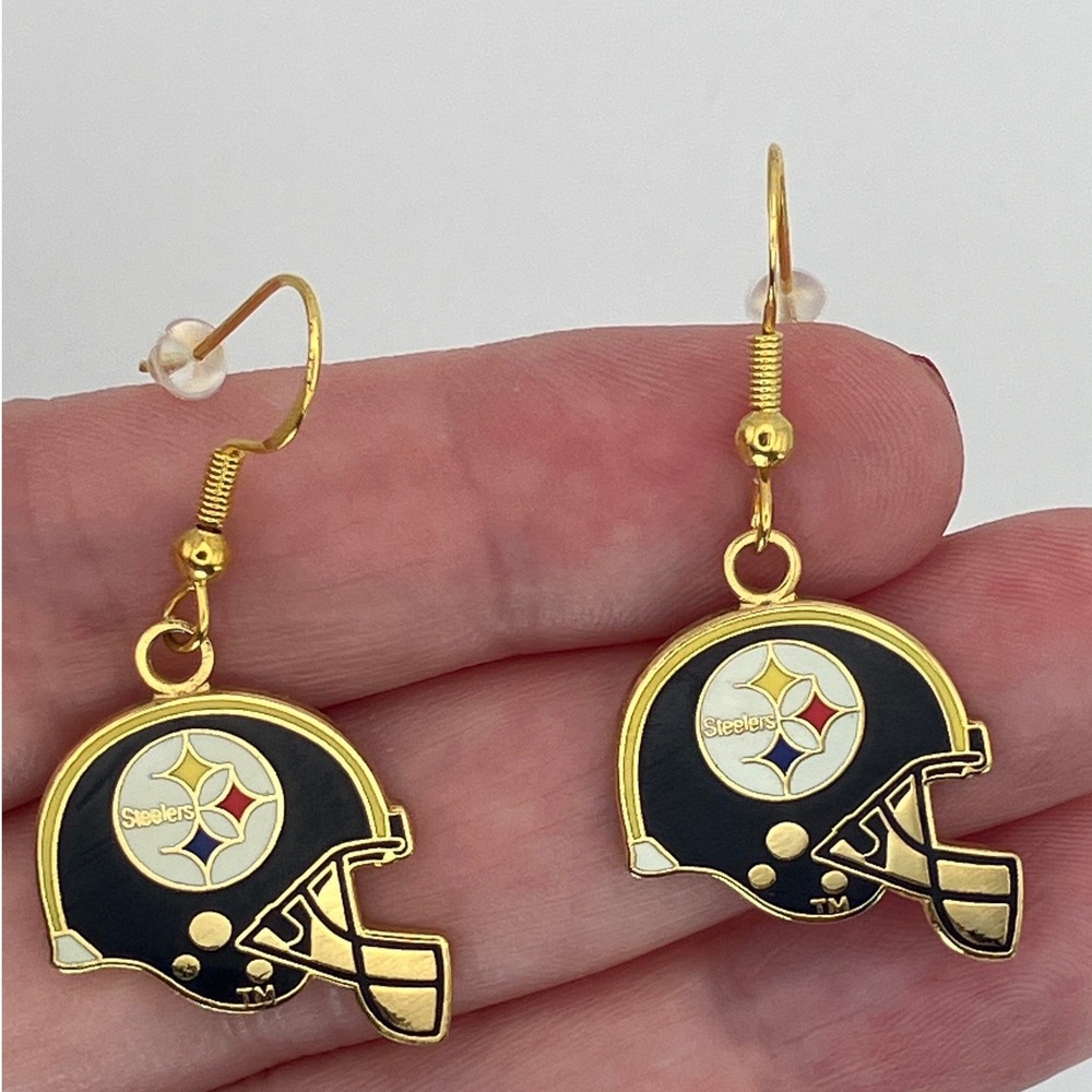 NFL Pittsburgh Steelers Earrings Black Gold Tone Dangle Football Gameday Gear